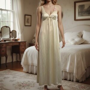 Vintage Lorraine long silky cream night gown dress Sz S